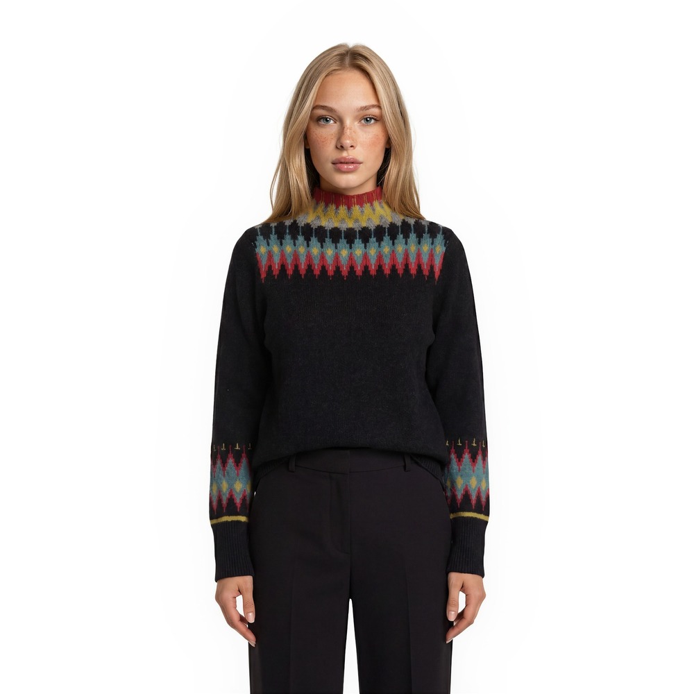 Cullen 100% Cashmere Fair Isle Sweater Women's Size Medium Black Multi Mock Neck - Picture 1 of 6